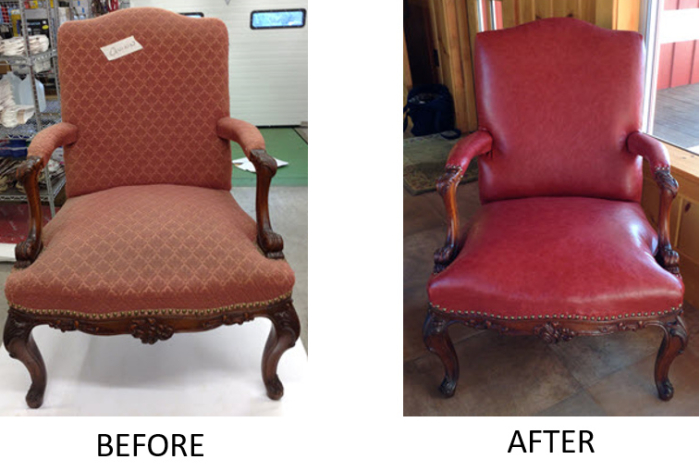 before and after reupholstered traditional armchairs wooden legs red