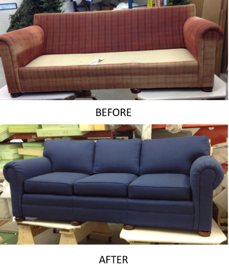 before after sofa reupholstered custom navy blue lake cabin 54545 lakeside living