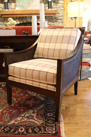 windwood cream plaid brown wood frame upholstered chair m|t lakeside living furniture store 54545