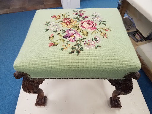 Sentimental restored floral needlepoint stool Manitowish Waters